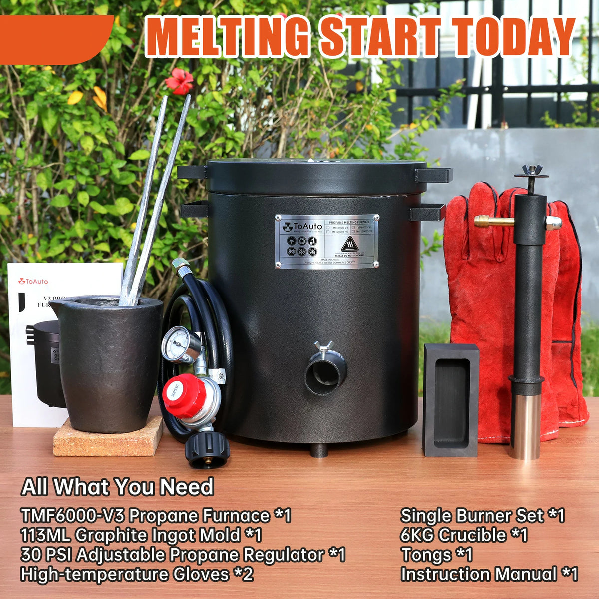 Crucible and accessories for the ToAuto propane melting furnace kit