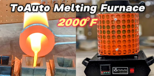 ToAuto melting furnace labeled 2000°F beside molten metal being poured into a mold