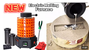 Electric melting furnace kit with two crucibles, tongs, gloves, and a sand mold pour