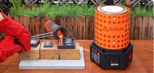 Gloved operator pouring molten metal into a multi-cavity mold beside a ToAuto electric furnace