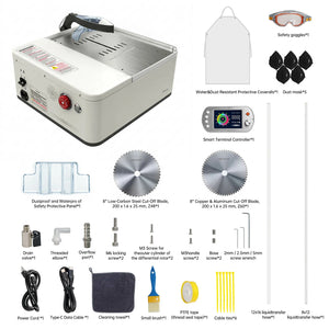 What's included with the ToAuto 8 Inch smart metal cutting saw: blades, goggles, coveralls, dust masks and tools